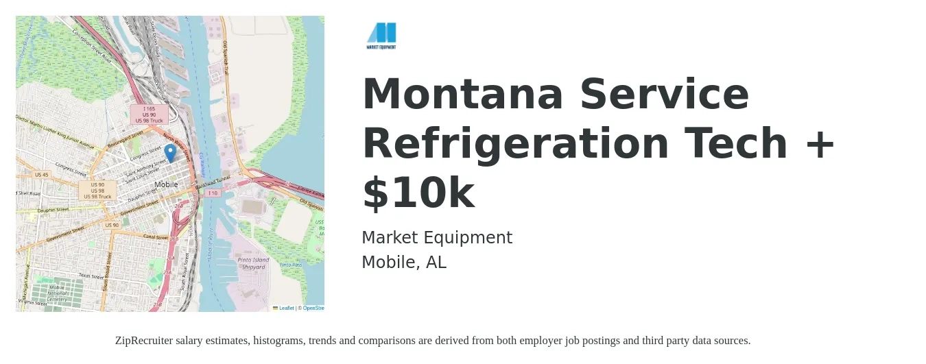 Market Equipment job posting for a Montana Service Refrigeration Tech + $10k in Mobile, AL with a salary of $30 to $45 Hourly with a map of Mobile location.