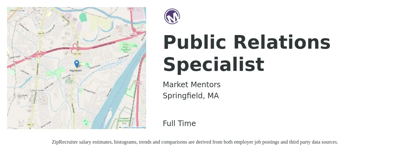 Market Mentors job posting for a Public Relations Specialist in Springfield, MA with a salary of $50,000 Yearly with a map of Springfield location.