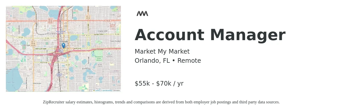 Market My Market job posting for a Account Manager in Orlando, FL with a salary of $55,000 to $70,000 Yearly with a map of Orlando location.