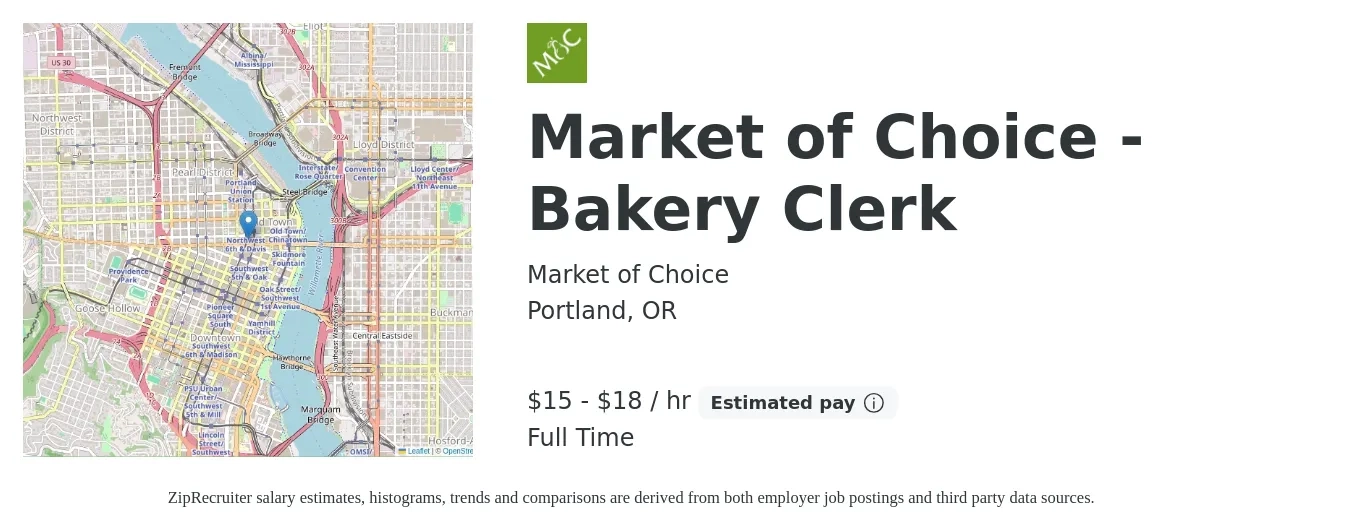 Market of Choice job posting for a Market of Choice - Bakery Clerk in Portland, OR with a salary of $16 to $19 Hourly with a map of Portland location.