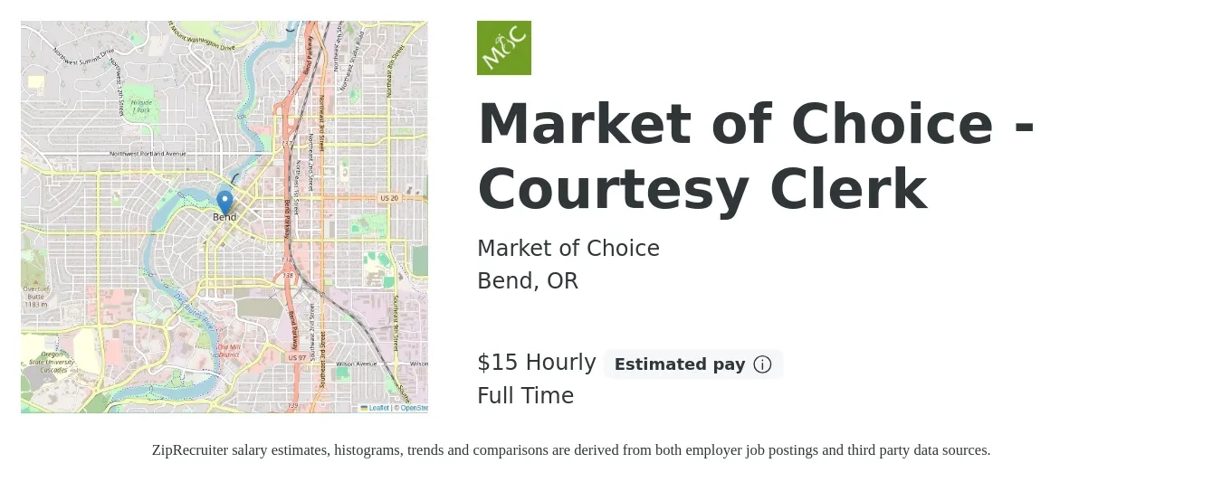 Market of Choice job posting for a Market of Choice - Courtesy Clerk in Bend, OR with a salary of $16 to $16 Hourly with a map of Bend location.