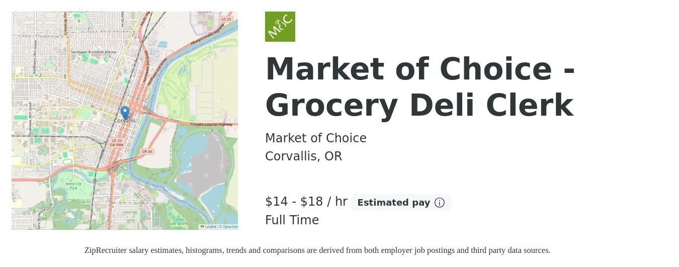 Market of Choice job posting for a Market of Choice - Grocery Deli Clerk in Corvallis, OR with a salary of $15 to $19 Hourly with a map of Corvallis location.