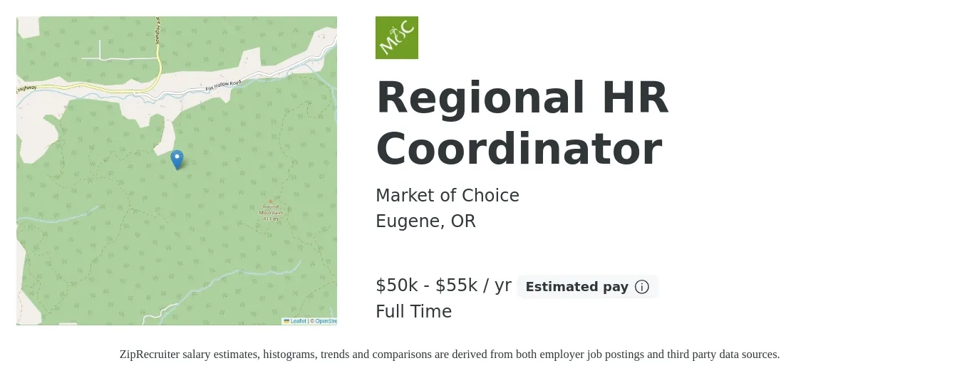 Market of Choice job posting for a Regional HR Coordinator in Eugene, OR with a salary of $50,000 to $55,000 Yearly with a map of Eugene location.