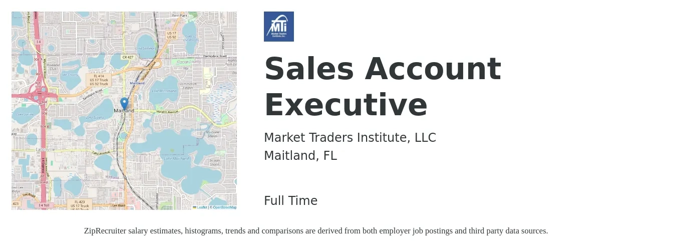 Market Traders Institute, LLC job posting for a Sales Account Executive in Maitland, FL with a salary of $80,000 to $120,000 Yearly with a map of Maitland location.