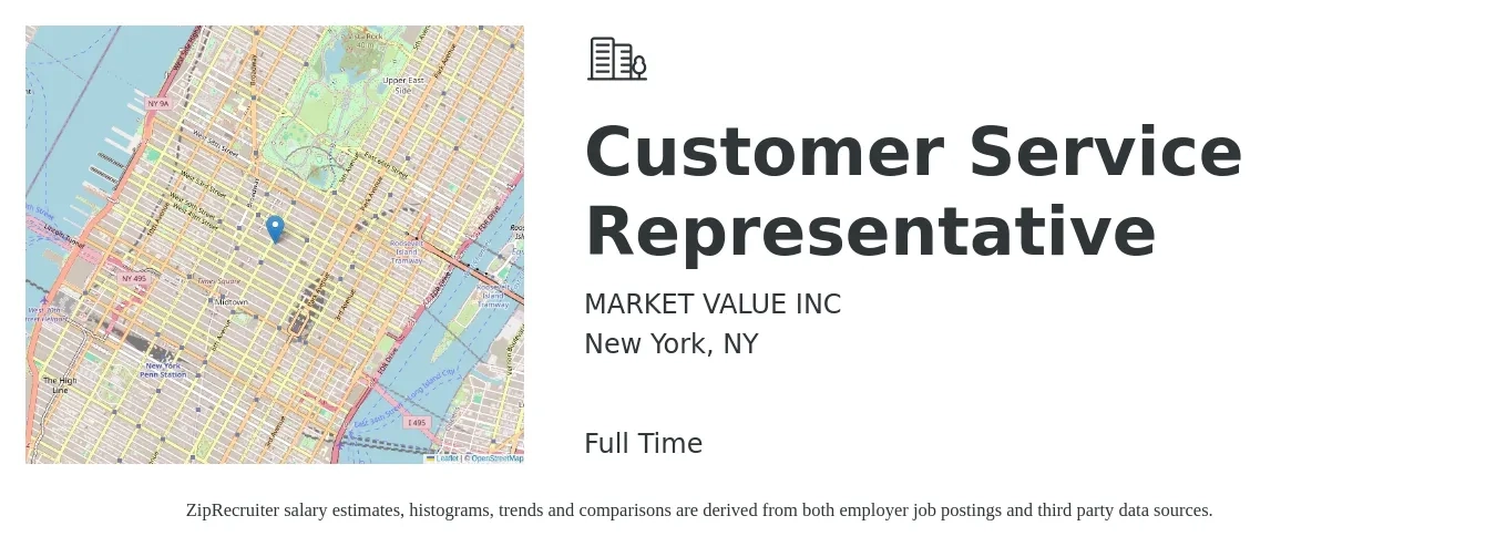 MARKET VALUE INC job posting for a Customer Service Representative in New York, NY with a salary of $850 to $1,250 Weekly with a map of New York location.