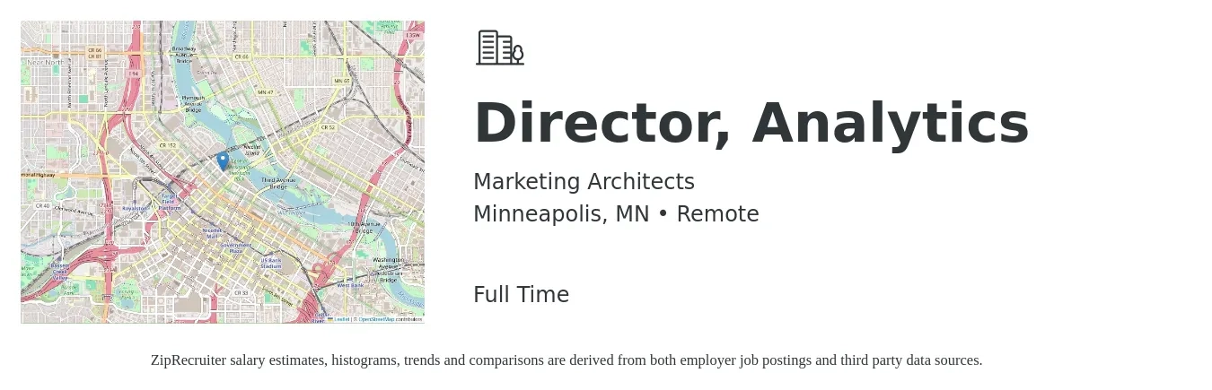 Marketing Architects job posting for a Director, Analytics in Minneapolis, MN with a salary of $116,900 to $187,900 Yearly with a map of Minneapolis location.