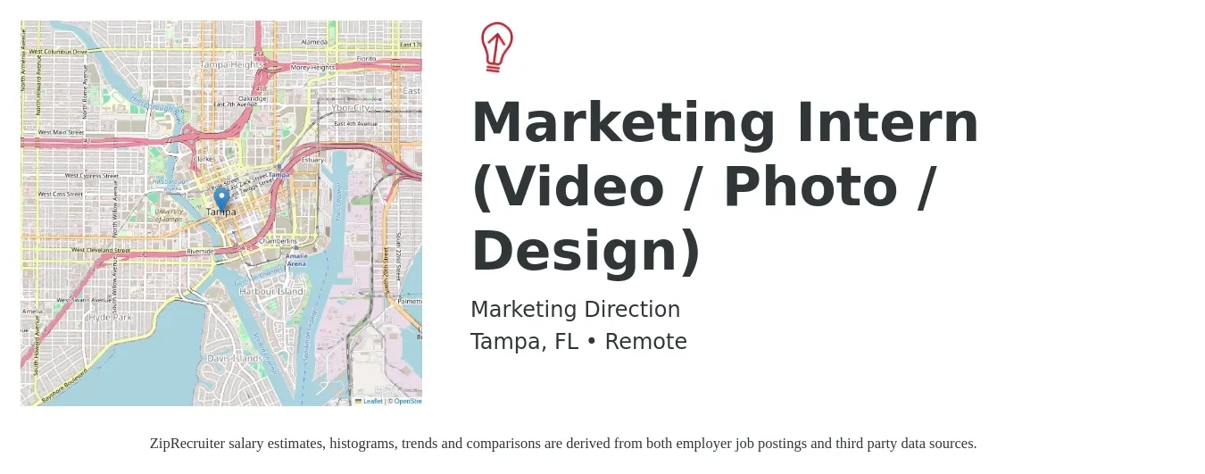Marketing Direction job posting for a Marketing Intern (Video / Photo / Design) in Tampa, FL with a salary of $14 to $19 Hourly with a map of Tampa location.