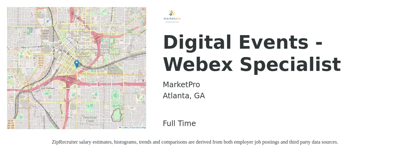 MarketPro job posting for a Digital Events - Webex Specialist in Atlanta, GA with a salary of $48,100 to $112,000 Yearly with a map of Atlanta location.