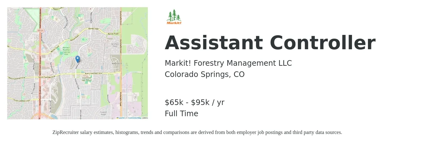 Markit! Forestry Management LLC job posting for a Assistant Controller in Colorado Springs, CO with a salary of $65,000 to $85,000 Yearly with a map of Colorado Springs location.