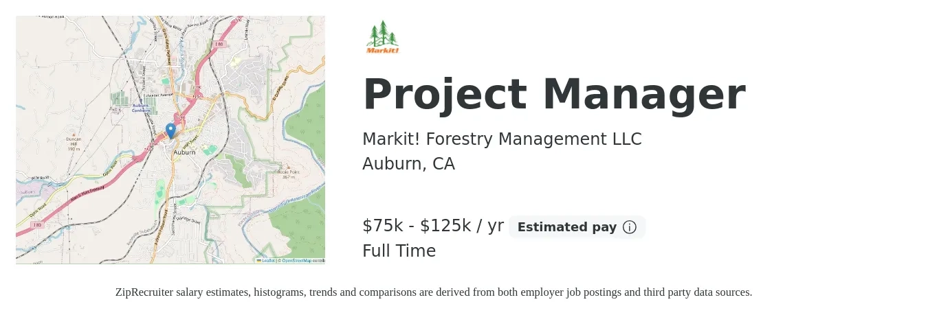 Markit! Forestry Management LLC job posting for a Project Manager in Auburn, CA with a salary of $75,000 to $125,000 Yearly with a map of Auburn location.