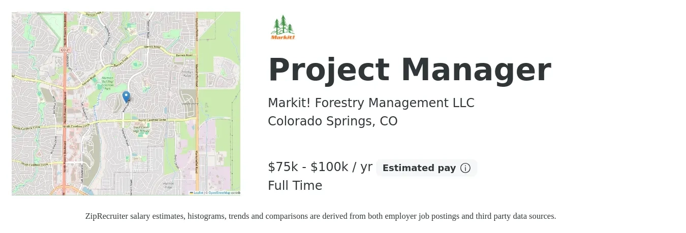 Markit! Forestry Management LLC job posting for a Project Manager in Colorado Springs, CO with a salary of $75,000 to $100,000 Yearly with a map of Colorado Springs location.
