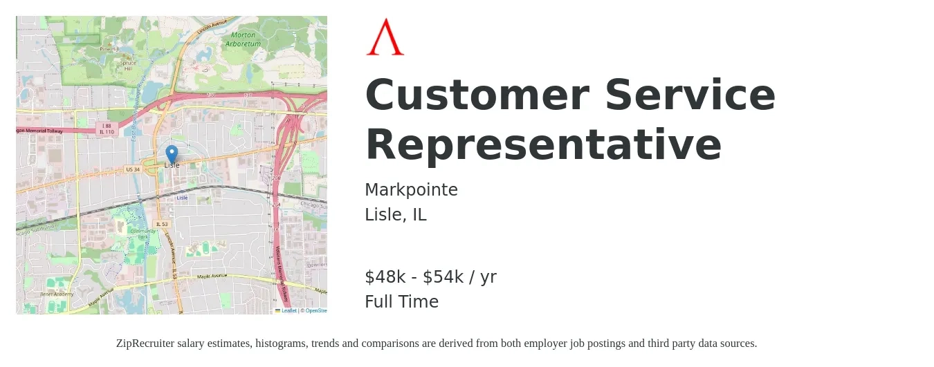 Markpointe job posting for a Customer Service Representative in Lisle, IL with a salary of $48,700 to $54,000 Yearly with a map of Lisle location.