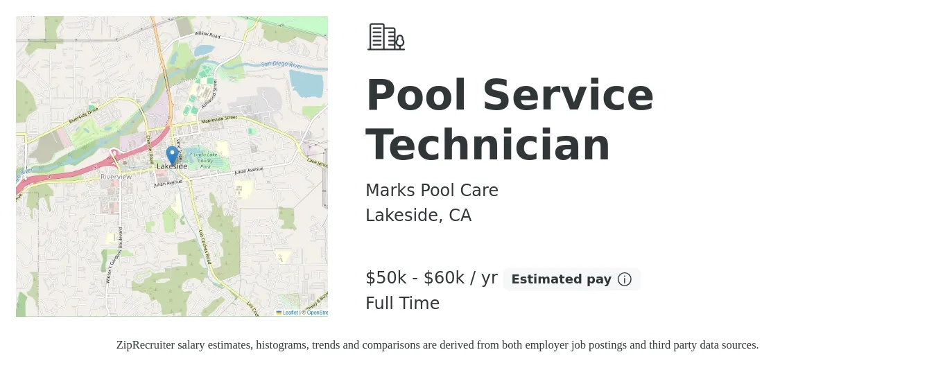 Marks Pool Care job posting for a Pool Service Technician in Lakeside, CA with a salary of $50,000 to $60,000 Yearly and benefits including pto with a map of Lakeside location.