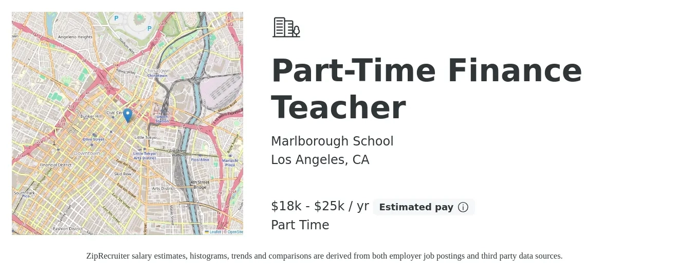 Marlborough School job posting for a Part-Time Finance Teacher in Los Angeles, CA with a salary of $18,000 to $25,000 Yearly with a map of Los Angeles location.