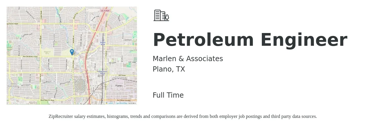 Marlen & Associates job posting for a Petroleum Engineer in Plano, TX with a salary of $42,400 to $109,800 Yearly with a map of Plano location.