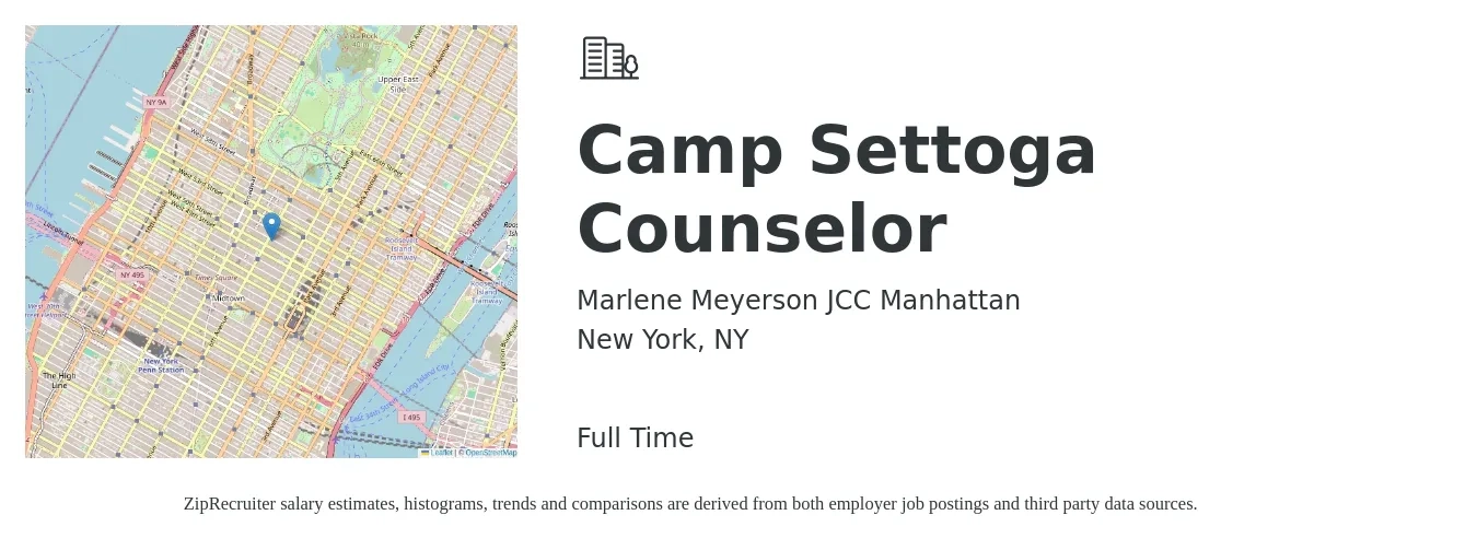 Marlene Meyerson JCC Manhattan job posting for a Camp Settoga Counselor in New York, NY with a salary of $2,100 to $2,500 Weekly with a map of New York location.