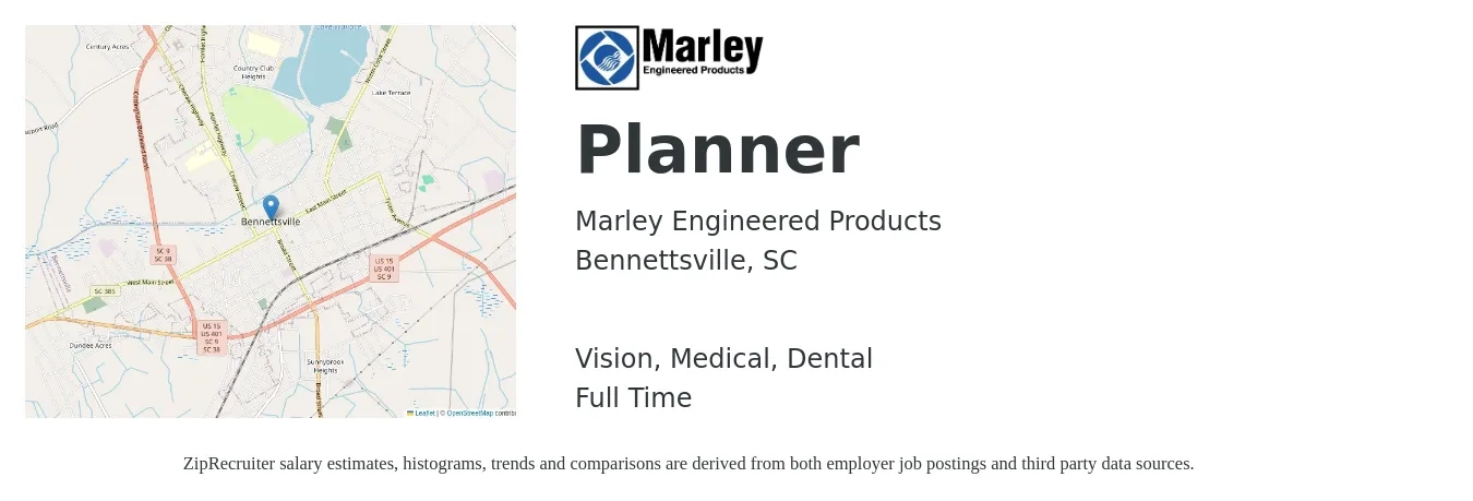 Marley Engineered Products job posting for a Planner in Bennettsville, SC with a salary of $25 to $35 Hourly and benefits including dental, life_insurance, medical, pto, retirement, and vision with a map of Bennettsville location.