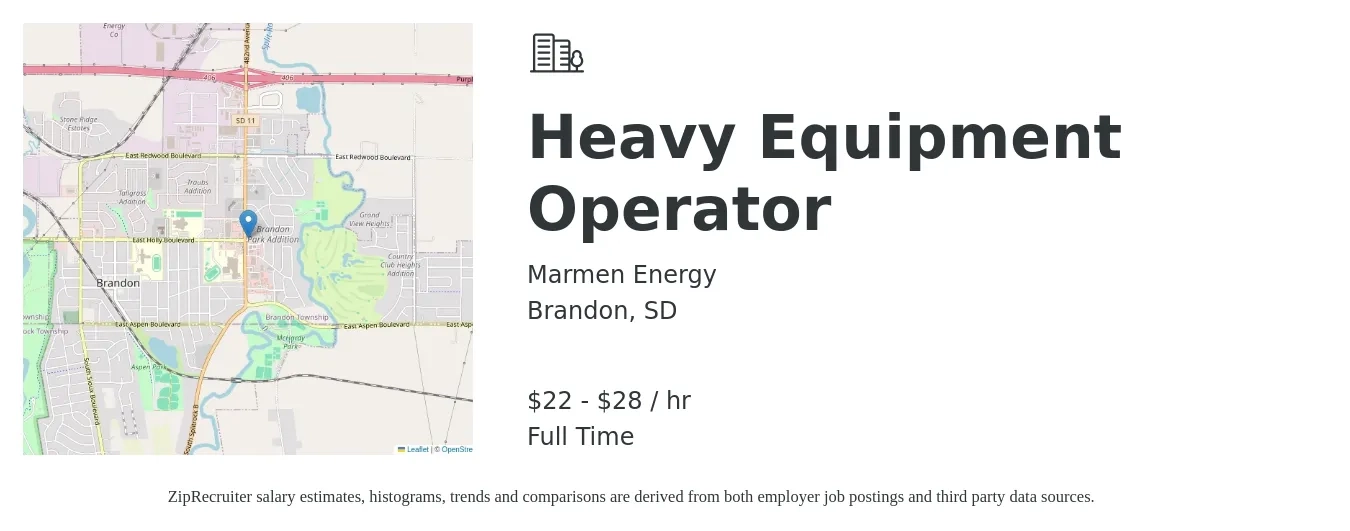 Marmen Energy job posting for a Heavy Equipment Operator in Brandon, SD with a salary of $23 to $30 Hourly with a map of Brandon location.