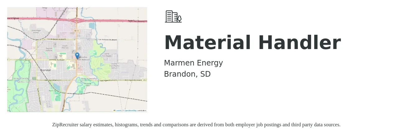 Marmen Energy job posting for a Material Handler in Brandon, SD with a salary of $17 to $20 Hourly with a map of Brandon location.