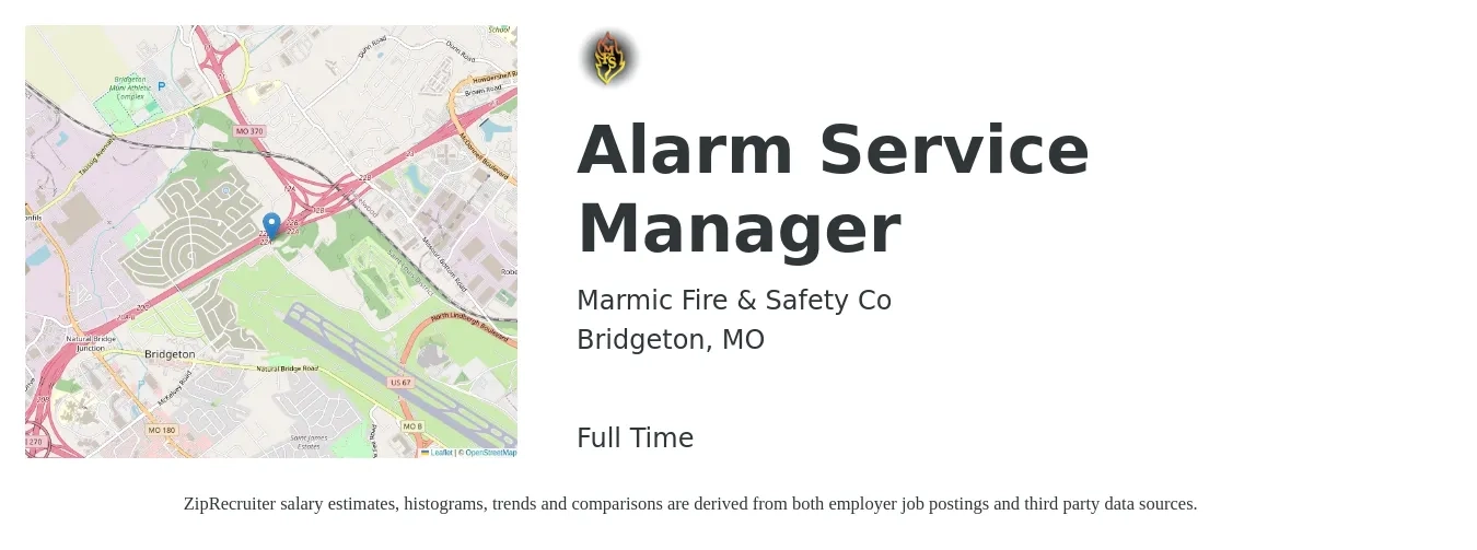 Marmic Fire & Safety Co job posting for a Alarm Service Manager in Bridgeton, MO with a salary of $49,400 to $76,500 Yearly with a map of Bridgeton location.