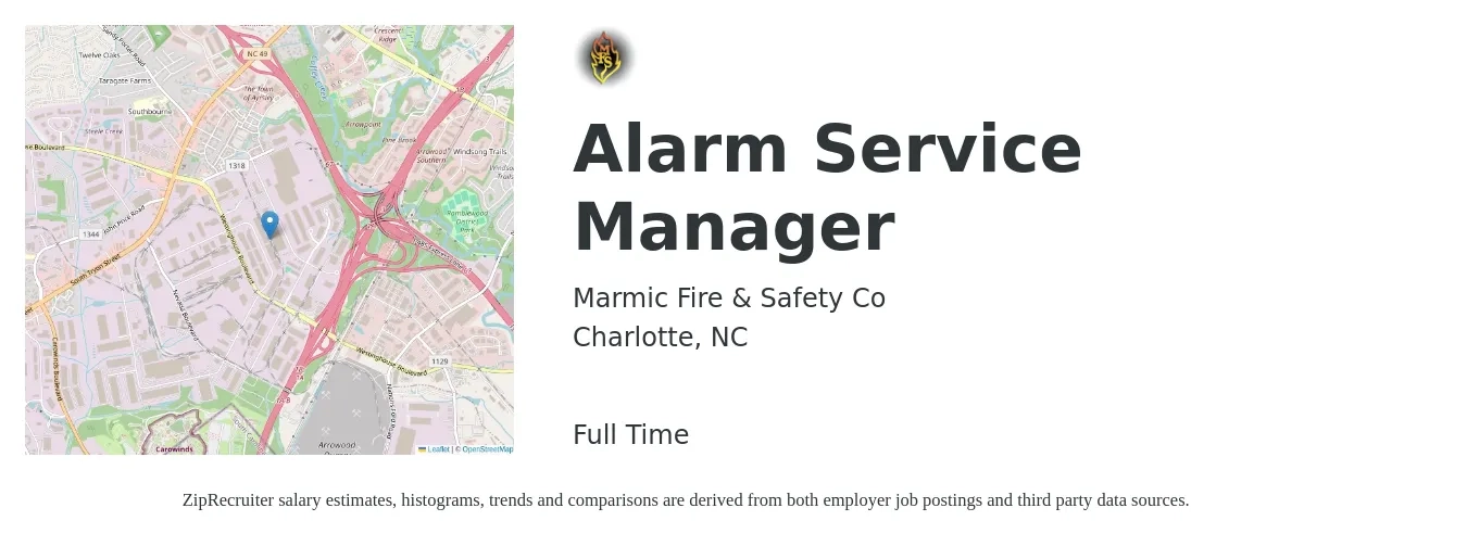 Marmic Fire & Safety Co job posting for a Alarm Service Manager in Charlotte, NC with a salary of $47,100 to $72,900 Yearly with a map of Charlotte location.
