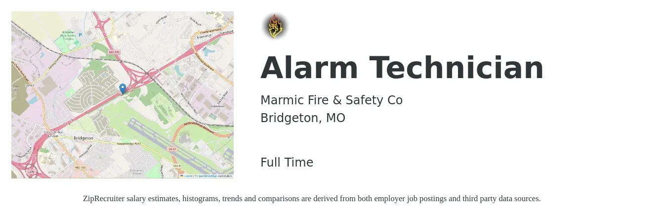 Marmic Fire & Safety Co job posting for a Alarm Technician in Bridgeton, MO with a salary of $18 to $25 Hourly with a map of Bridgeton location.