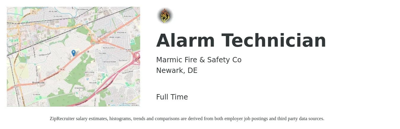 Marmic Fire & Safety Co job posting for a Alarm Technician in Newark, DE with a salary of $18 to $26 Hourly with a map of Newark location.