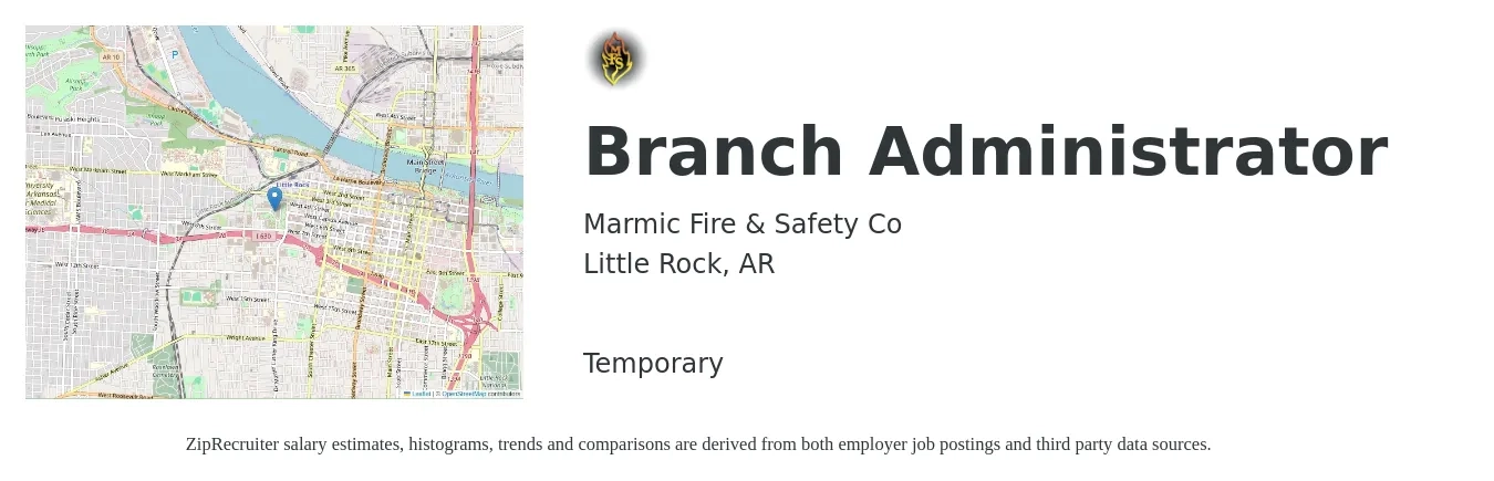 Marmic Fire & Safety Co job posting for a Branch Administrator in Little Rock, AR with a salary of $16 to $25 Hourly with a map of Little Rock location.