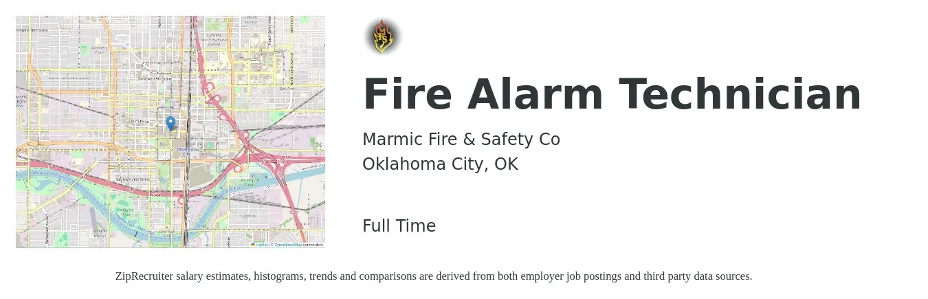 Marmic Fire & Safety Co job posting for a Fire Alarm Technician in Oklahoma City, OK with a salary of $23 to $32 Hourly with a map of Oklahoma City location.