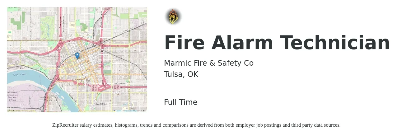 Marmic Fire & Safety Co job posting for a Fire Alarm Technician in Tulsa, OK with a salary of $21 to $30 Hourly with a map of Tulsa location.