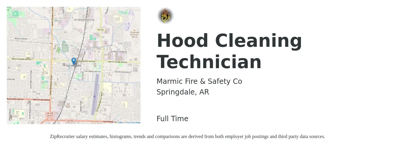 Marmic Fire & Safety Co job posting for a Hood Cleaning Technician in Springdale, AR with a salary of $17 to $24 Hourly with a map of Springdale location.