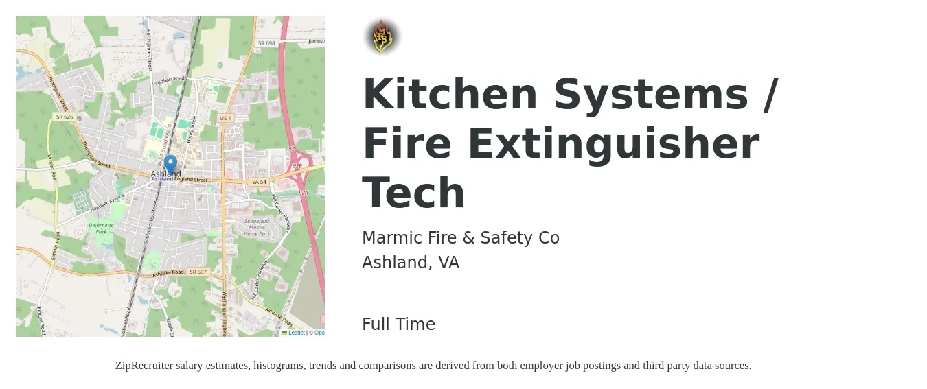 Marmic Fire & Safety Co job posting for a Kitchen Systems / Fire Extinguisher Tech in Ashland, VA with a salary of $18 to $26 Hourly with a map of Ashland location.