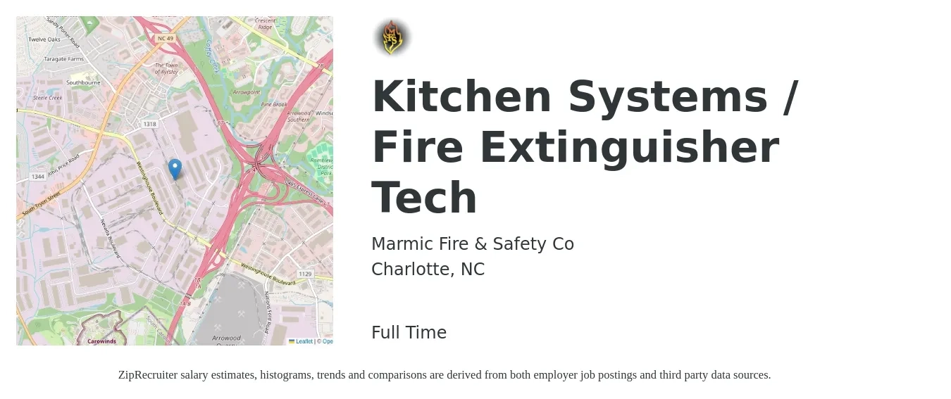 Marmic Fire & Safety Co job posting for a Kitchen Systems / Fire Extinguisher Tech in Charlotte, NC with a salary of $18 to $25 Hourly with a map of Charlotte location.
