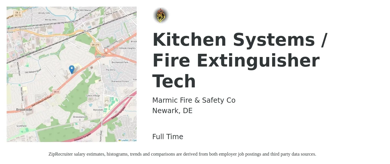 Marmic Fire & Safety Co job posting for a Kitchen Systems / Fire Extinguisher Tech in Newark, DE with a salary of $19 to $27 Hourly with a map of Newark location.