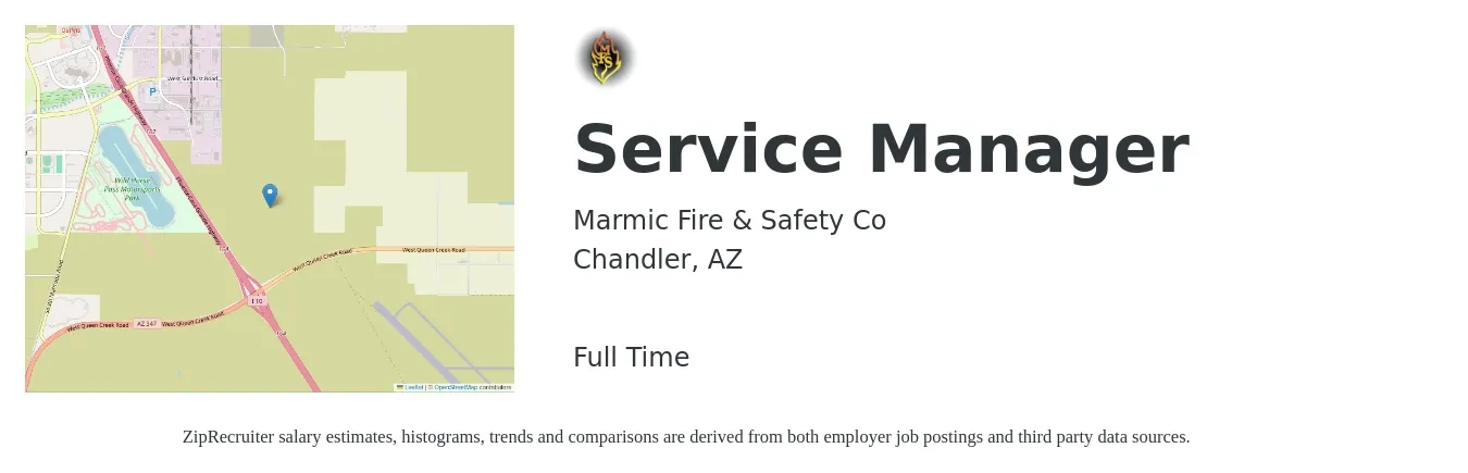 Marmic Fire & Safety Co job posting for a Service Manager in Chandler, AZ with a salary of $51,600 to $79,900 Yearly with a map of Chandler location.