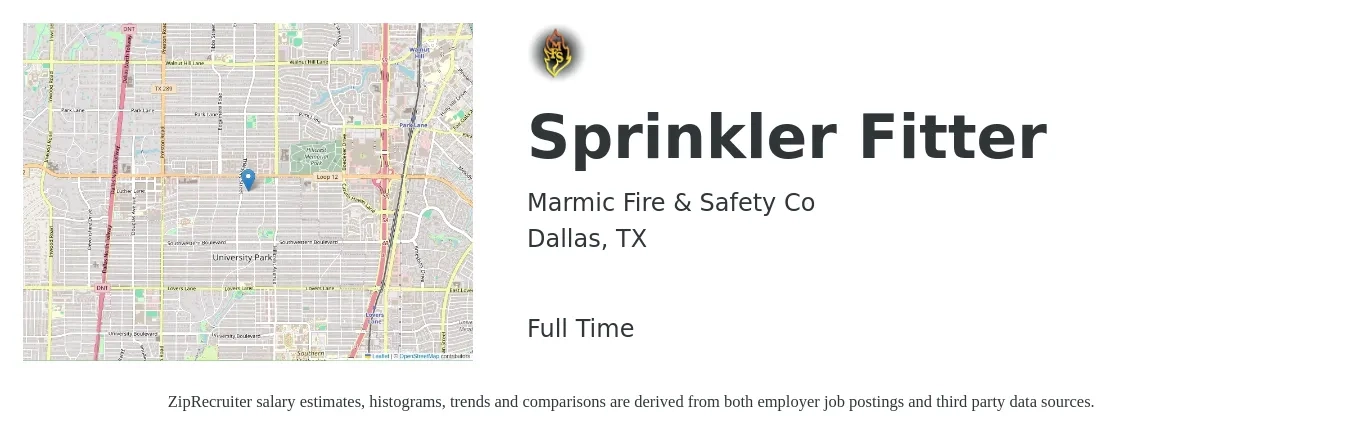 Marmic Fire & Safety Co job posting for a Sprinkler Fitter in Dallas, TX with a salary of $22 to $36 Hourly with a map of Dallas location.