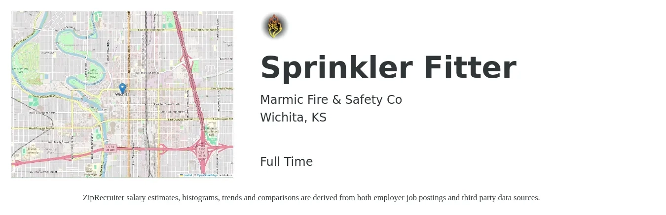 Marmic Fire & Safety Co job posting for a Sprinkler Fitter in Wichita, KS with a salary of $20 to $33 Hourly with a map of Wichita location.