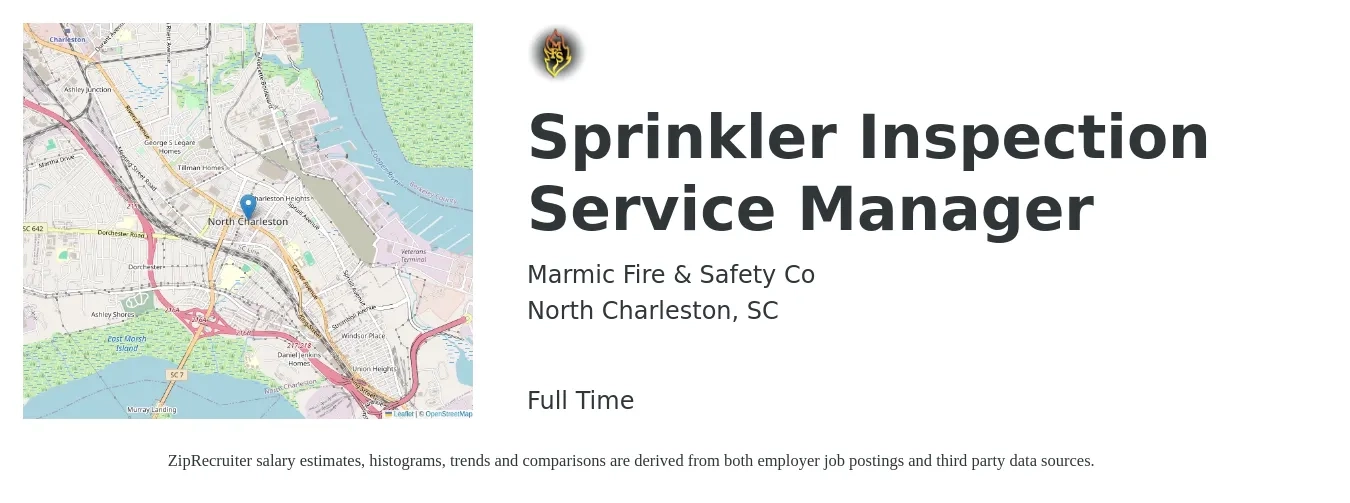 Marmic Fire & Safety Co job posting for a Sprinkler Inspection Service Manager in North Charleston, SC with a salary of $54,900 to $83,500 Yearly with a map of North Charleston location.