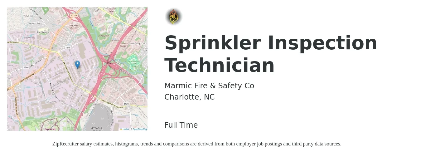 Marmic Fire & Safety Co job posting for a Sprinkler Inspection Technician in Charlotte, NC with a salary of $19 to $28 Hourly with a map of Charlotte location.