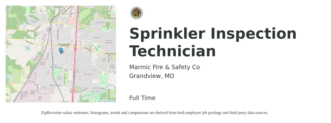 Marmic Fire & Safety Co job posting for a Sprinkler Inspection Technician in Grandview, MO with a salary of $20 to $30 Hourly with a map of Grandview location.