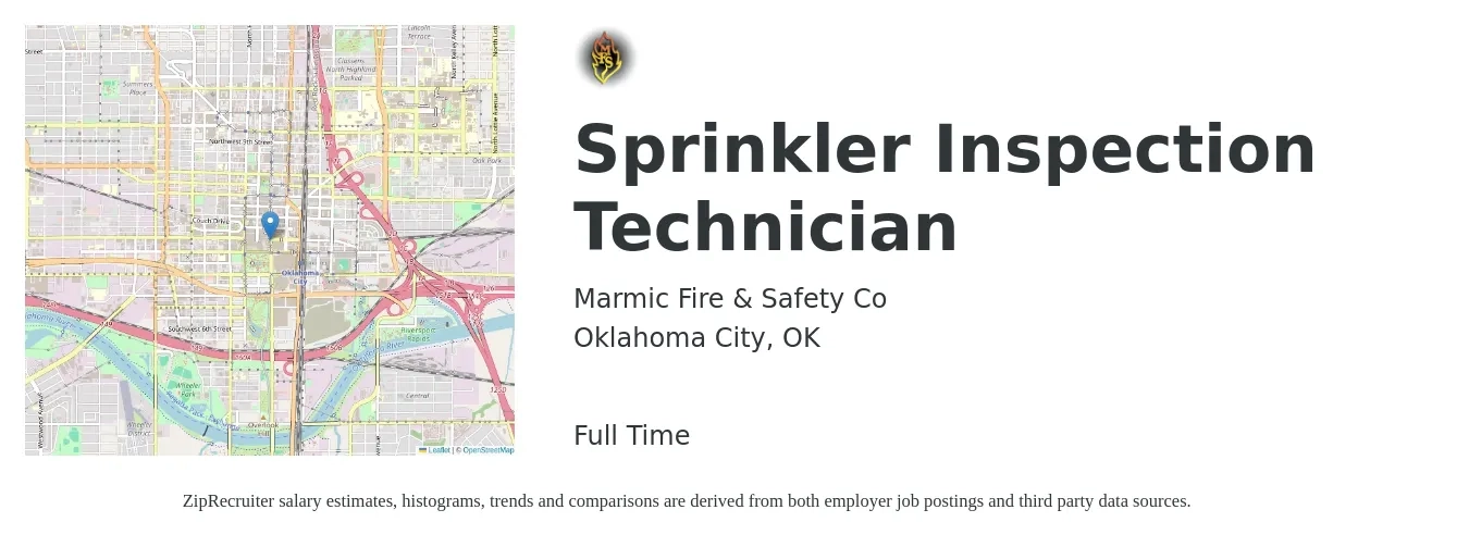 Marmic Fire & Safety Co job posting for a Sprinkler Inspection Technician in Oklahoma City, OK with a salary of $19 to $28 Hourly with a map of Oklahoma City location.