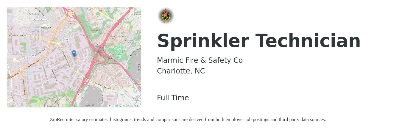 Marmic Fire & Safety Co job posting for a Sprinkler Technician in Charlotte, NC with a salary of $19 to $28 Hourly with a map of Charlotte location.