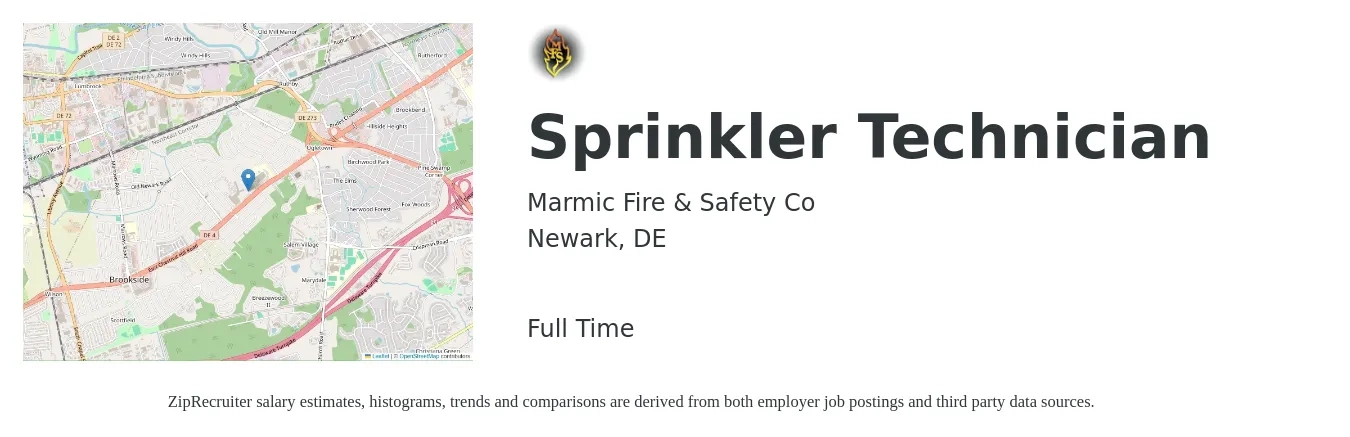 Marmic Fire & Safety Co job posting for a Sprinkler Technician in Newark, DE with a salary of $20 to $30 Hourly with a map of Newark location.