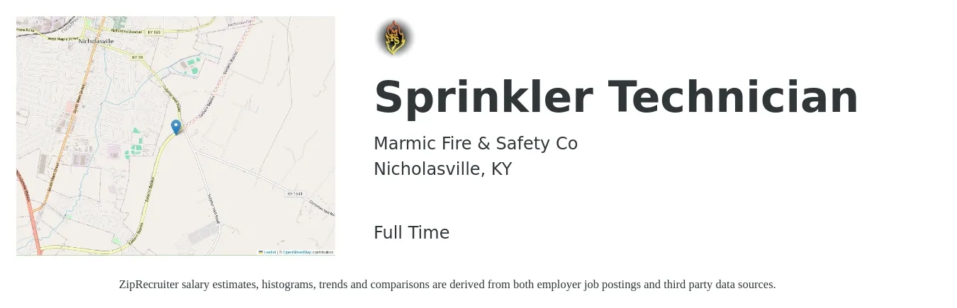 Marmic Fire & Safety Co job posting for a Sprinkler Technician in Nicholasville, KY with a salary of $18 to $27 Hourly with a map of Nicholasville location.