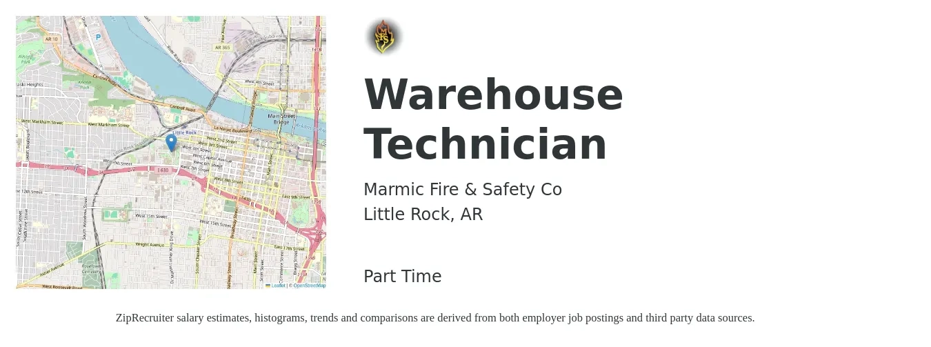 Marmic Fire & Safety Co job posting for a Warehouse Technician in Little Rock, AR with a salary of $14 to $18 Hourly with a map of Little Rock location.