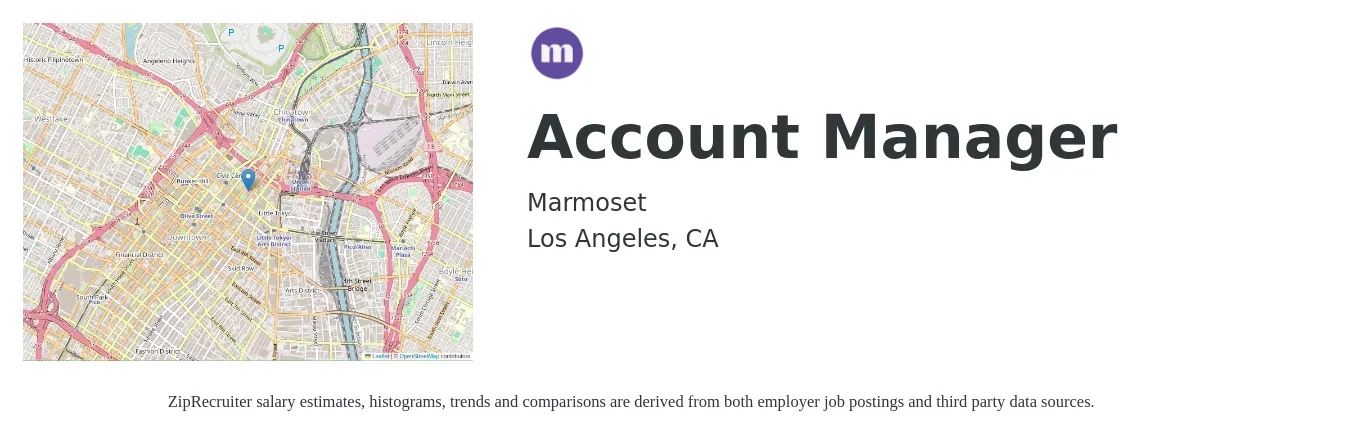 Marmoset job posting for a Account Manager in Los Angeles, CA with a salary of $51,700 to $84,600 Yearly with a map of Los Angeles location.