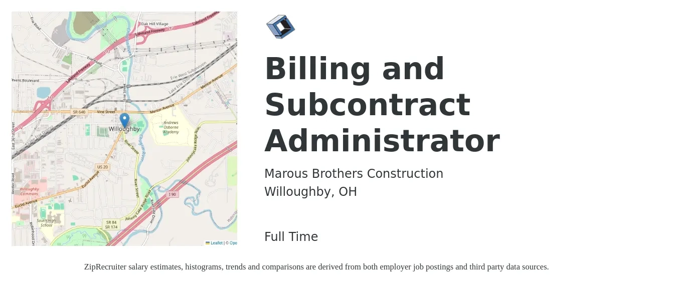 Marous Brothers Construction job posting for a Billing and Subcontract Administrator in Willoughby, OH with a salary of $18 to $26 Hourly with a map of Willoughby location.