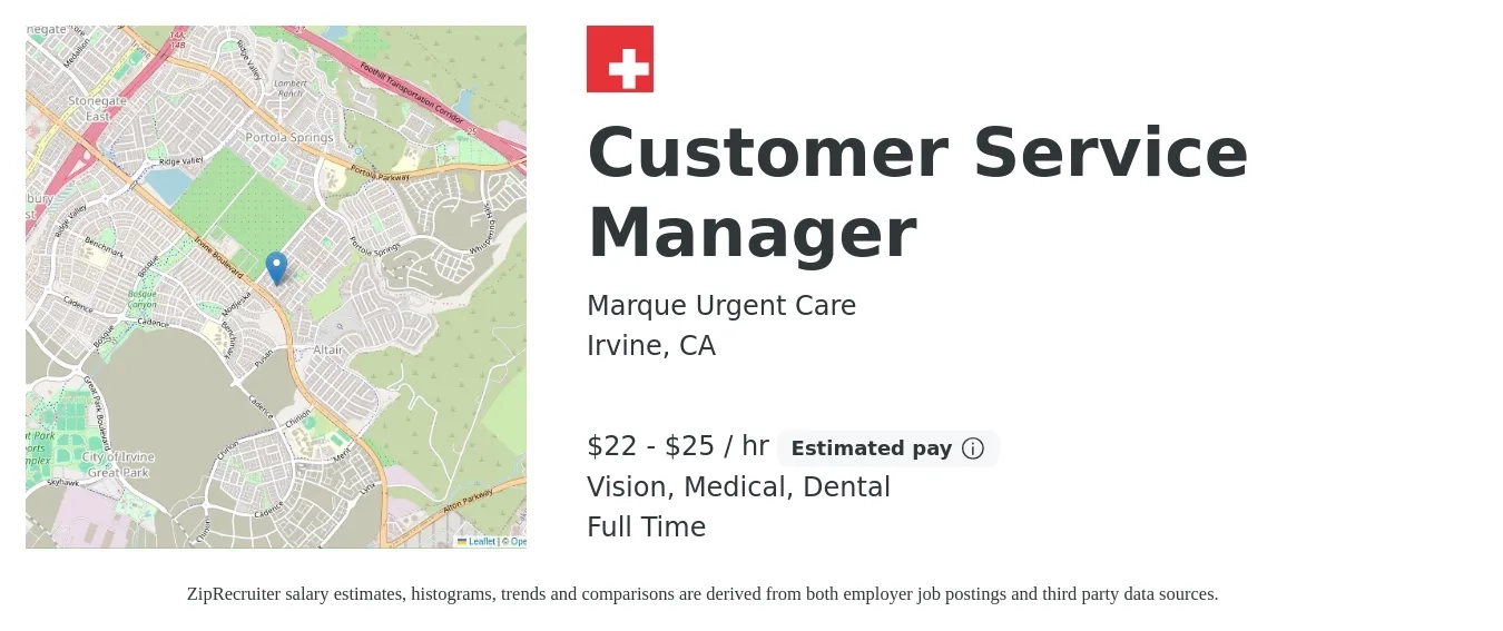 Marque Urgent Care job posting for a Customer Service Manager in Irvine, CA with a salary of $23 to $26 Hourly and benefits including dental, life_insurance, medical, pto, retirement, and vision with a map of Irvine location.