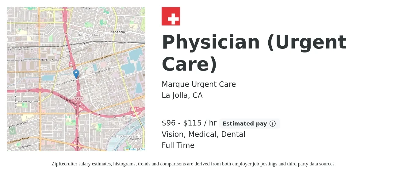 Marque Urgent Care job posting for a Physician (Urgent Care) in La Jolla, CA with a salary of $100 to $120 Hourly and benefits including medical, retirement, vision, dental, and life_insurance with a map of La Jolla location.