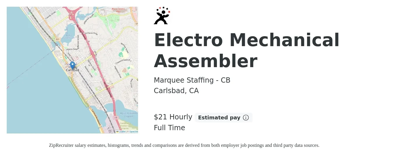 Marquee Staffing - CB job posting for a Electro Mechanical Assembler in Carlsbad, CA with a salary of $22 Hourly with a map of Carlsbad location.